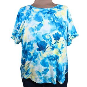 Chico's 3 (XL) Short Sleeve Scoop Neck Blue Green Floral T-Shirt